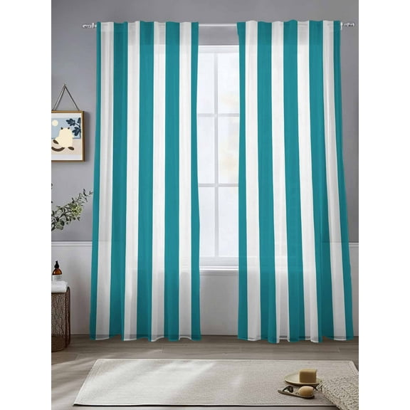 Teal Striped Sheer Curtains for Living Room Bedroom Simple Art Vertical Stripe Farmhouse Sheer Curtains 84 Inch Long 2 Panels Set Light Filtering Curtain Window Treatments Drapes for Dining Room