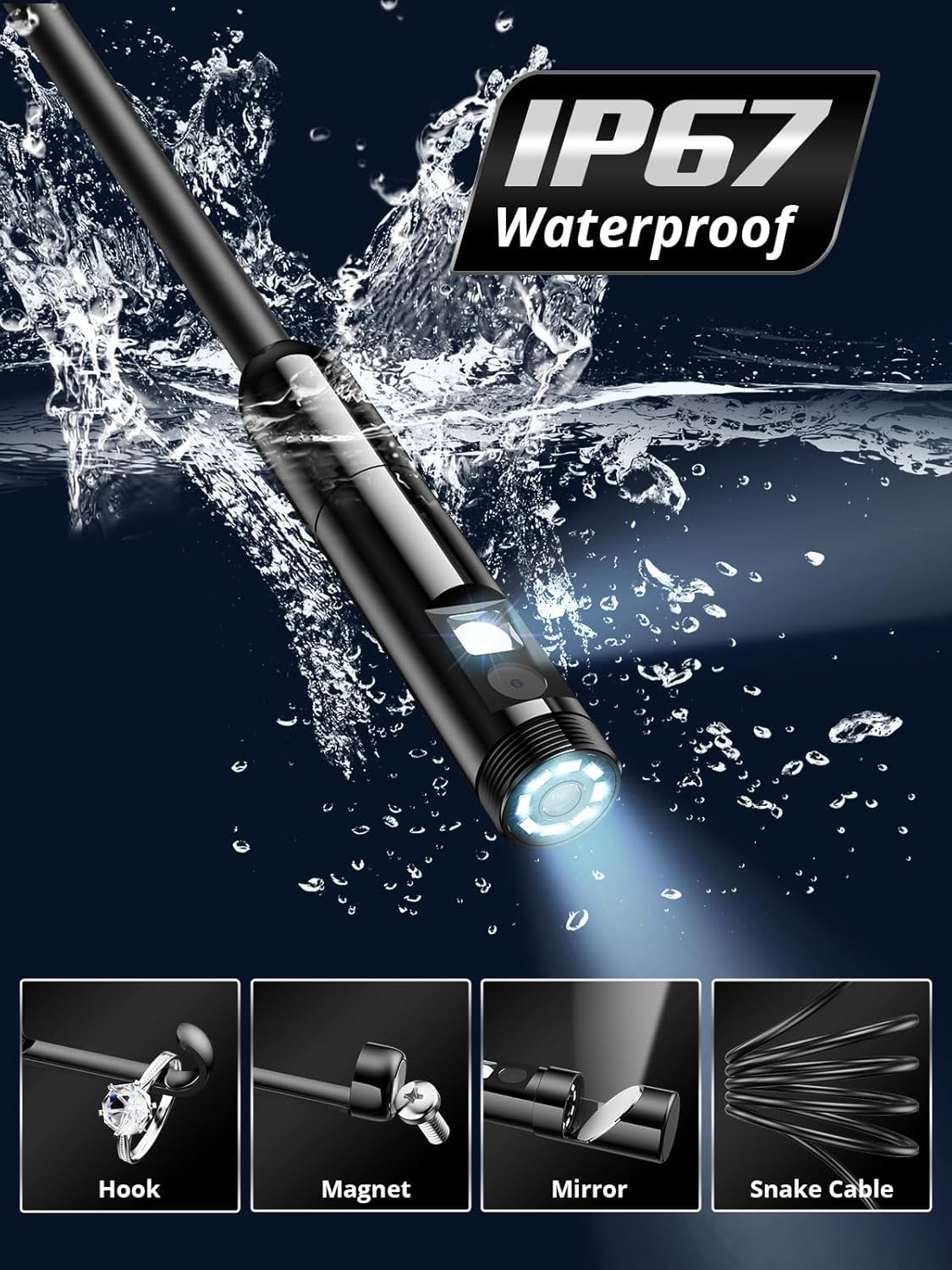 Endoscope Camera with Light, Dual-Lens 1920P HD Borescope with 8 Adjustable LED Lights, IP67 Waterproof Boroscope Inspection Camera Tools, 9.8ft Semi-Rigid Snake Camera for iOS & Android