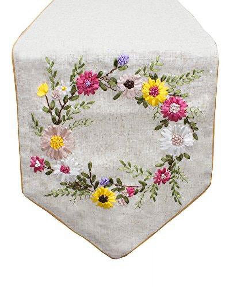 Fennco Styles Handmade Ribbon Embroidery Flower Decorative Linen Table Runner 13 x 72 Inch