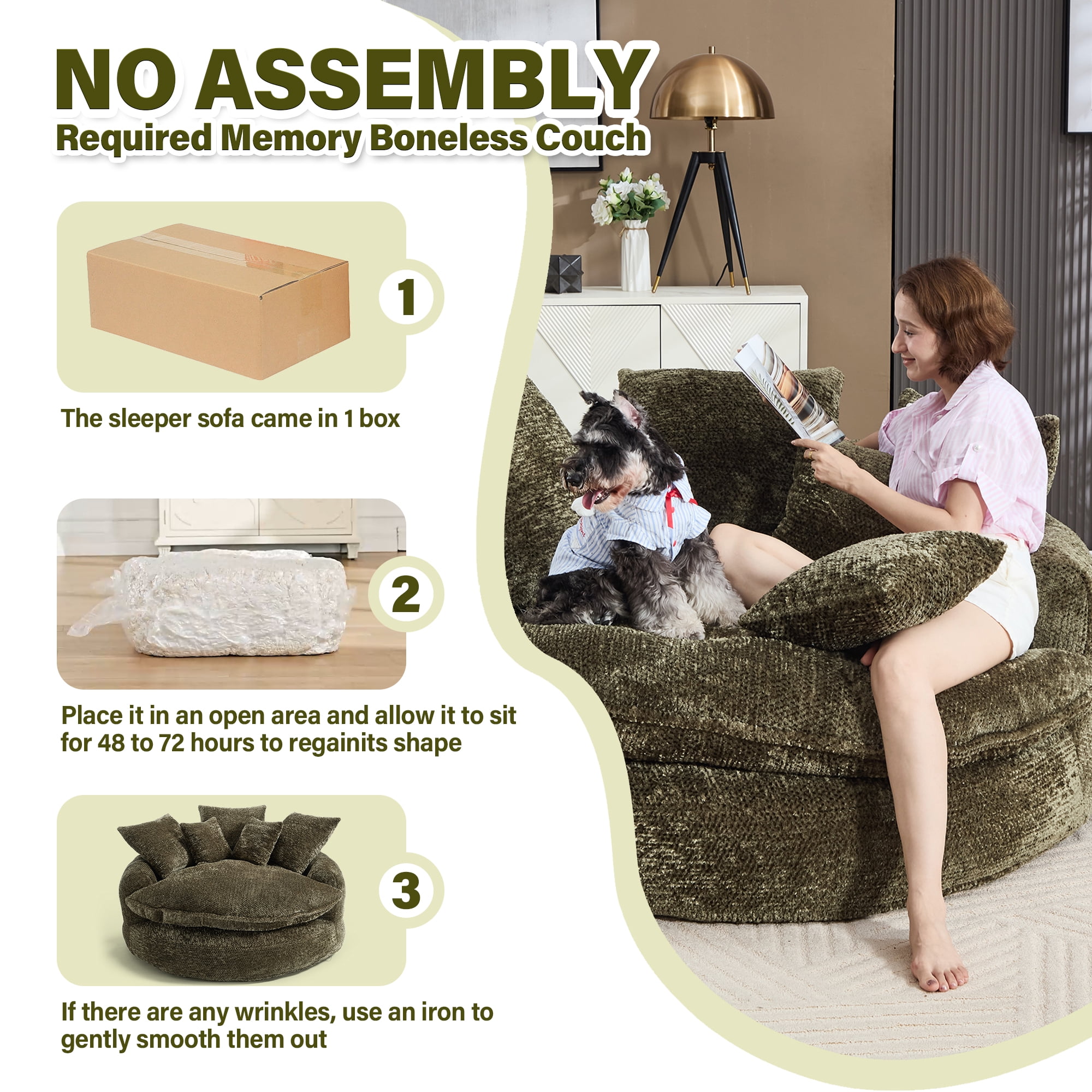 Aukfa 55" Oversized Round Chaise Lounge Chair, Fluffy Deep Seat Cloud Floor Sofa, Modern No Assembly Couch, Olive