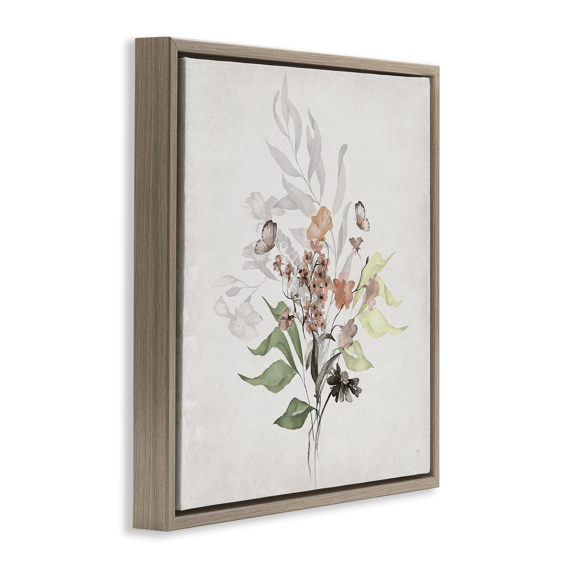 Stupell Industries Soft Florals & Butterfly Plants & Flowers Painting Brown Floater Framed Canvas Art Print Wall Art, 25 x 25