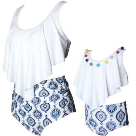 Franhais Mommy and Me Swimsuit  2-Piece Bikini Set Sleeveless Back Straps Tie Bra Top  Solid Color/Printed High Waist Triangle Panty Set
