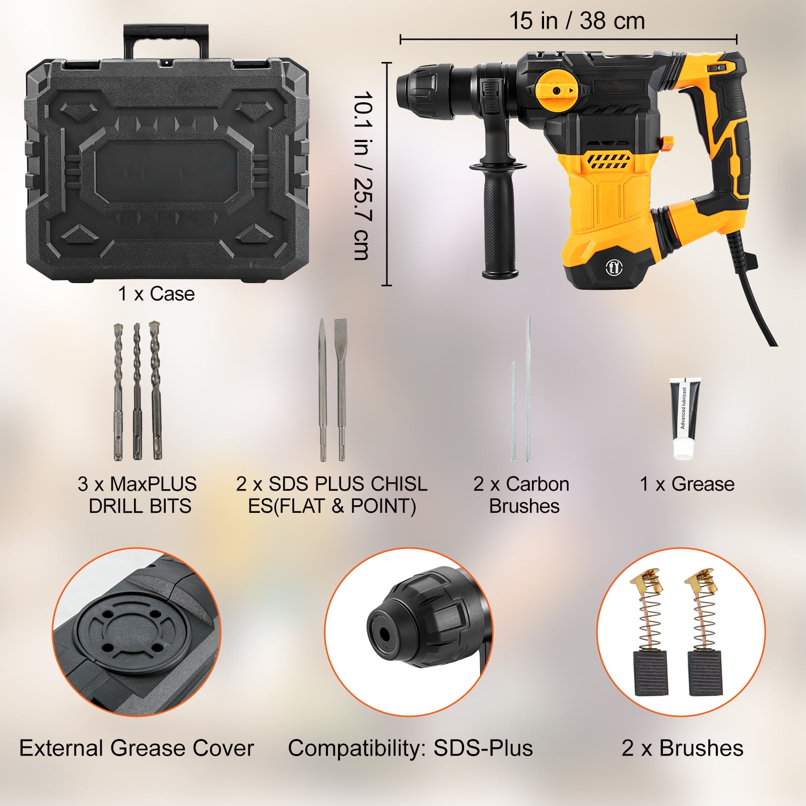 KFFKFF 1-1/4" SDS-Plus Rotary Hammer Drill, 13 Amp Corded Drills, Heavy Duty Chipping Hammers w/Vibration Control & Safety Clutch, Electric Demolition Hammers Variable Speed, Power Tool For Concr