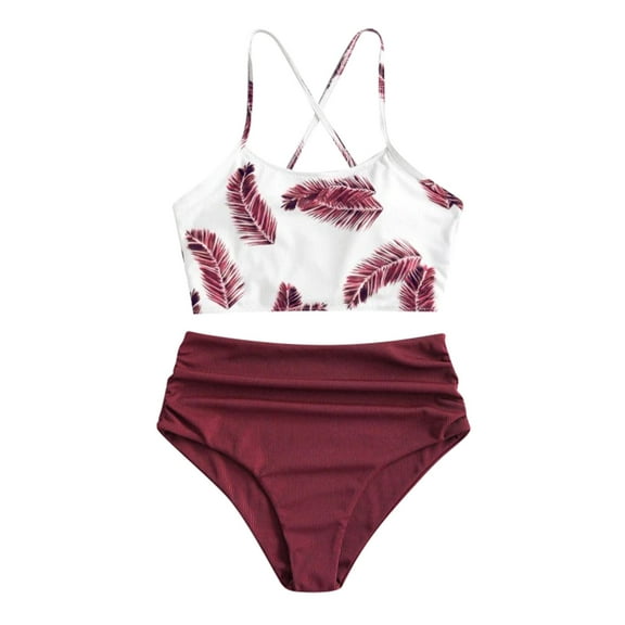 DOPI Women Two Piece Leaves Print Split Sets Plus Size Beachwear Swimsuit Bikini