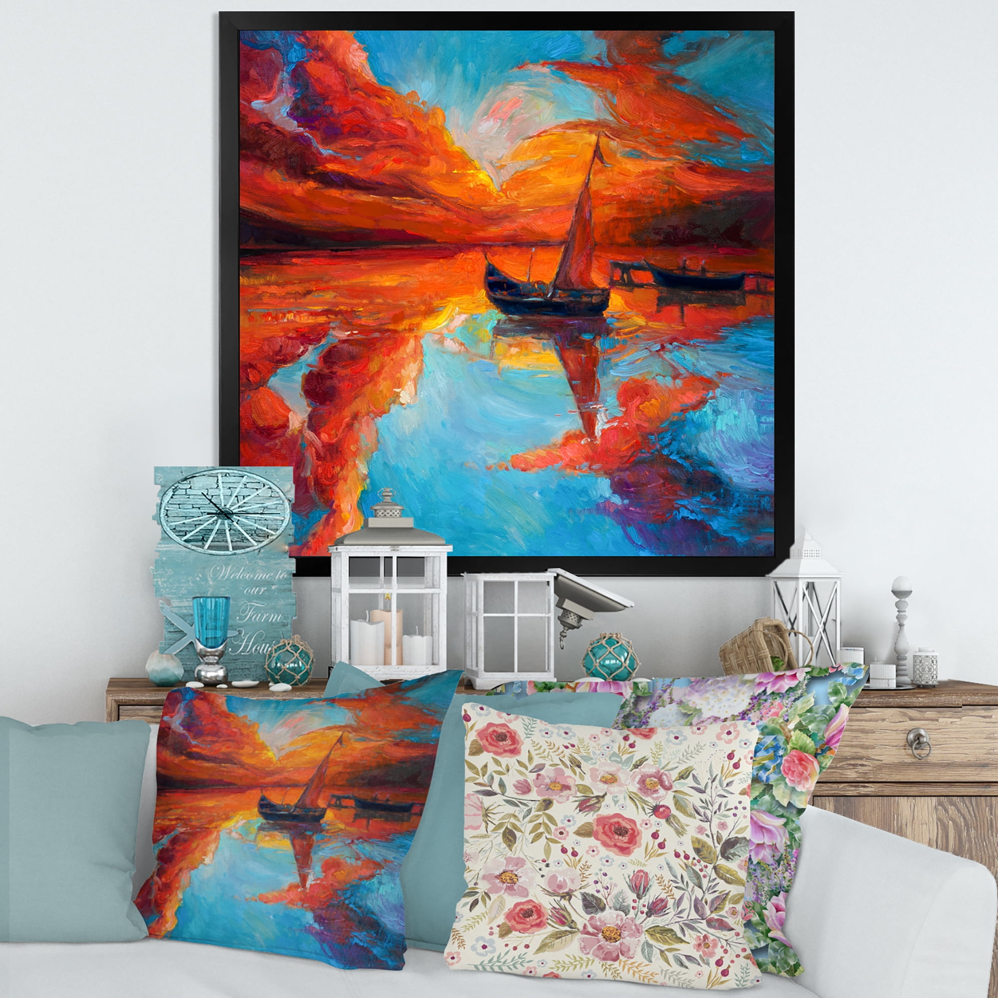 Little Boat During Warm Deep Red Evening Glow 30 in x 30 in Framed Painting Canvas Art Print, by Designart
