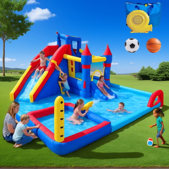 Acpouw 10 in1 Inflatable Water Slide for 3-12 Years, Bounce House with Climbing Wall, Ball Pool, Water Guns, Basketball Hoop, Soccer, Boxing Game, Indoor/Outdoor Kids Bouncy Castle with Blower