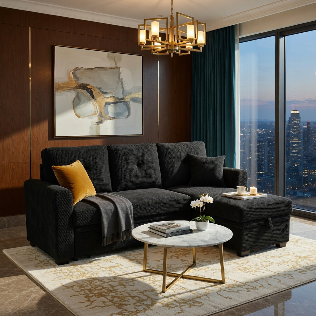 Hommoo Mid-Century Modern Sleeper Sectional Sofa, L-Shaped Convertible Sofa Bed with Reversible Chaise, Hidden Storage & Pull-Out Mattress, Small Space Living Room Furniture, Black