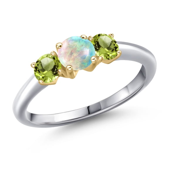 Gem Stone King 10K Two Tone Gold Simulated White Opal and Green Peridot Engagement Ring for Women | 1.10 Cttw | Round Cabochon 5MM | Gemstone October Birthstone | Size 6
