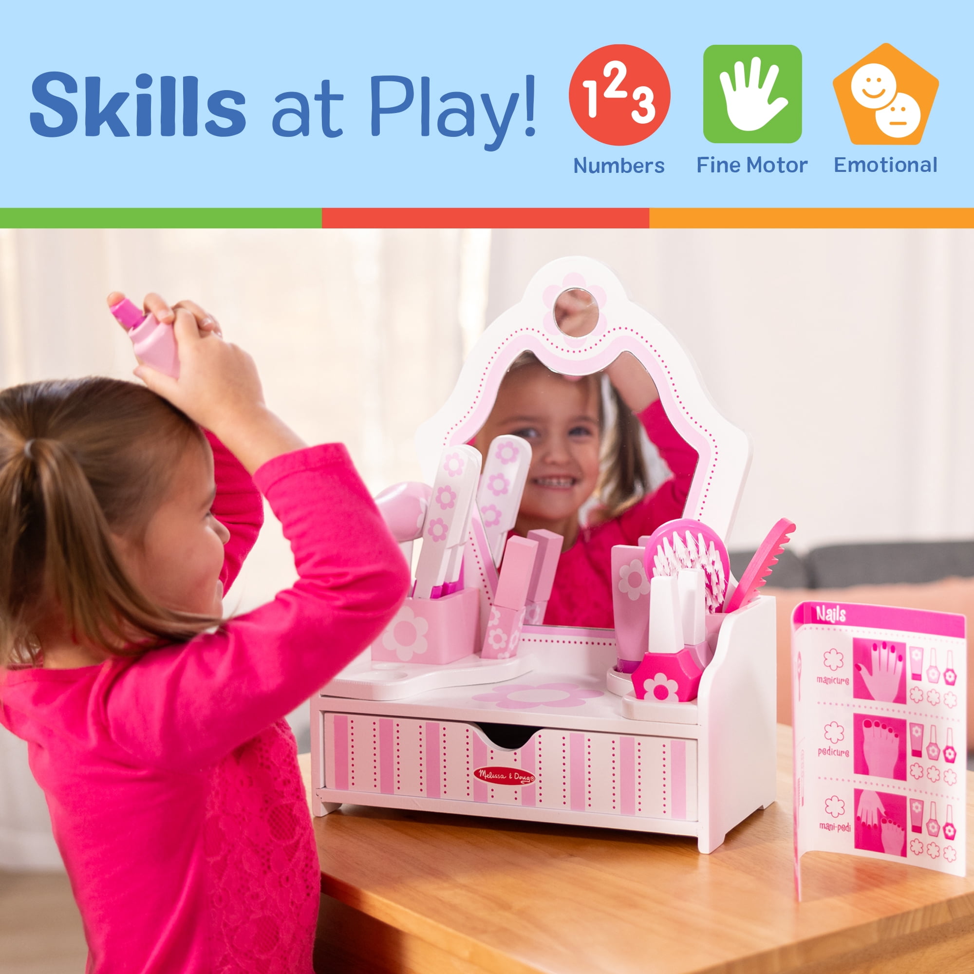 Melissa & Doug Wooden Beauty Salon Play Set with Vanity, 18 Pieces, Toddler Toy Ages 3+
