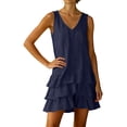 thumbnail image 7 of Women's Cotton Linen V Neck Sleeveless Mini Dress Babydoll Summer Cute Layered Ruffle Swing Tank Dress, 7 of 7