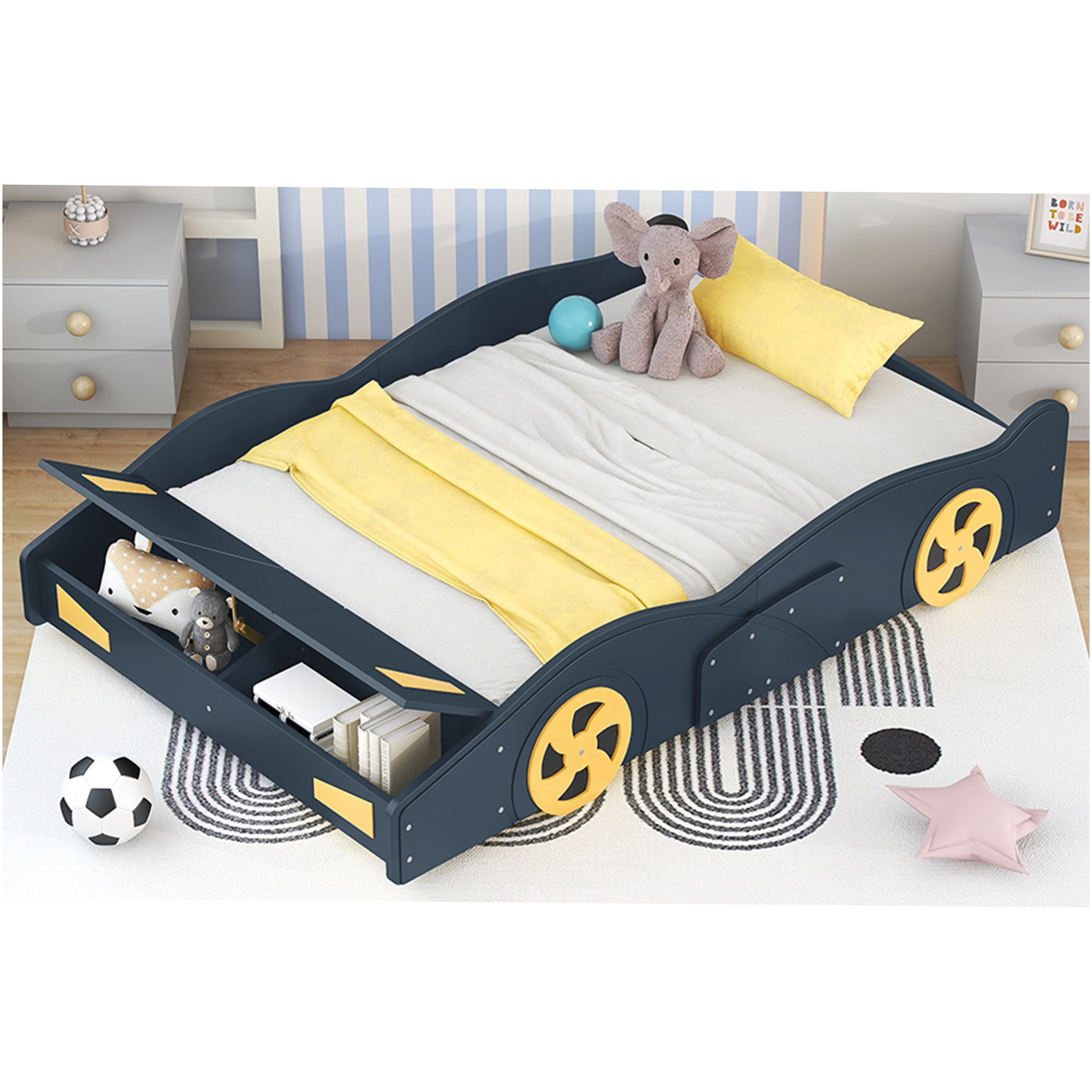 JERFIT Full Size Race Car Platform Bed with Storage, Dark Blue Wood Bed Frame with Wheels, No Box Spring Needed