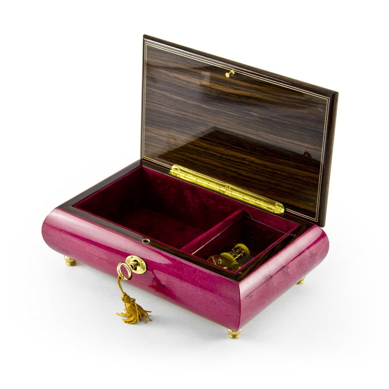 Beautiful 30 Note Red-Wine Floral Inlay Musical Jewelry Box with