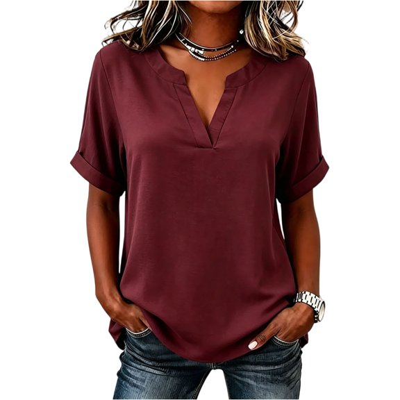 Womens V Neck Tops Short Sleeve Relaxed Loose Fit Casual Summer Blouses Versatile Everyday Summer Shirts Wine L