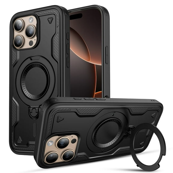 Elegant Choise Magnetic Case with Ring Kickstand for iPhone 16 Pro Max/16 Pro/16 Plus/16 Dual-layer Full Protective Phone Cover, Black