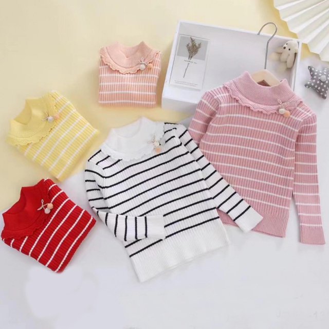 WRKEKC Girls Ruffled Collar Knit Sweater Striped Solid Color Button Long Sleeve Soft Warm Pullover for 3-7 Years Toddlers Fall Winter