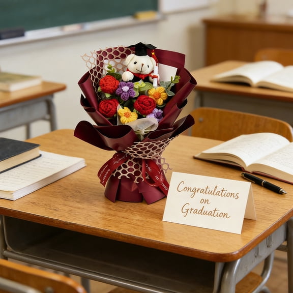Eespoir Graduation Gifts Crochet Flowers Bouquet, Mother's Day Hand-woven Bouquet With Plush Bear, for Birthday, Valentine's Day, Mother's Day Gifts, Christmas