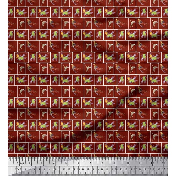 Soimoi Red Rayon Fabric Tiles & Leaf Bird Printed Craft Fabric by the Yard 56 Inch Wide