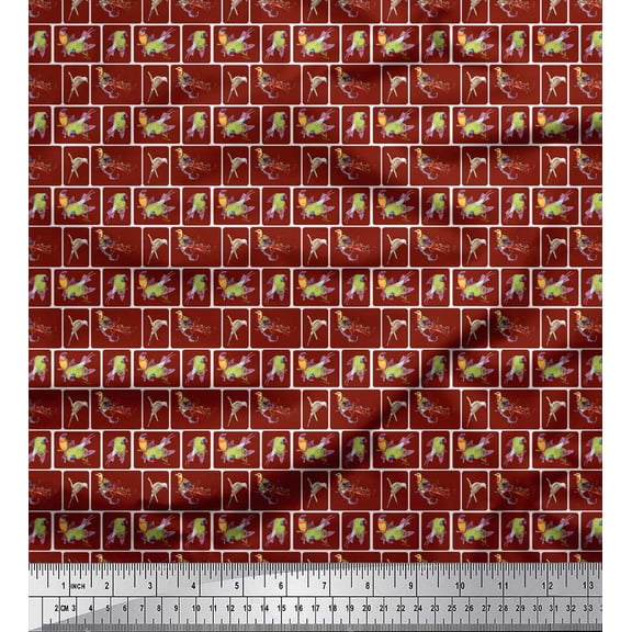 Soimoi Red Poly Georgette Fabric Tiles & Leaf Bird Decor Fabric Printed Yard 42 Inch Wide