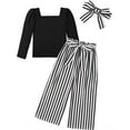 thumbnail image 3 of Oudiya Girls Clothing Sets Square Neck Rib Knit Shirts and Stylish Wide Leg Pants and Headband Cute 3 piece Spring Clothes Outfits for Kids 4-12Y, 3 of 8