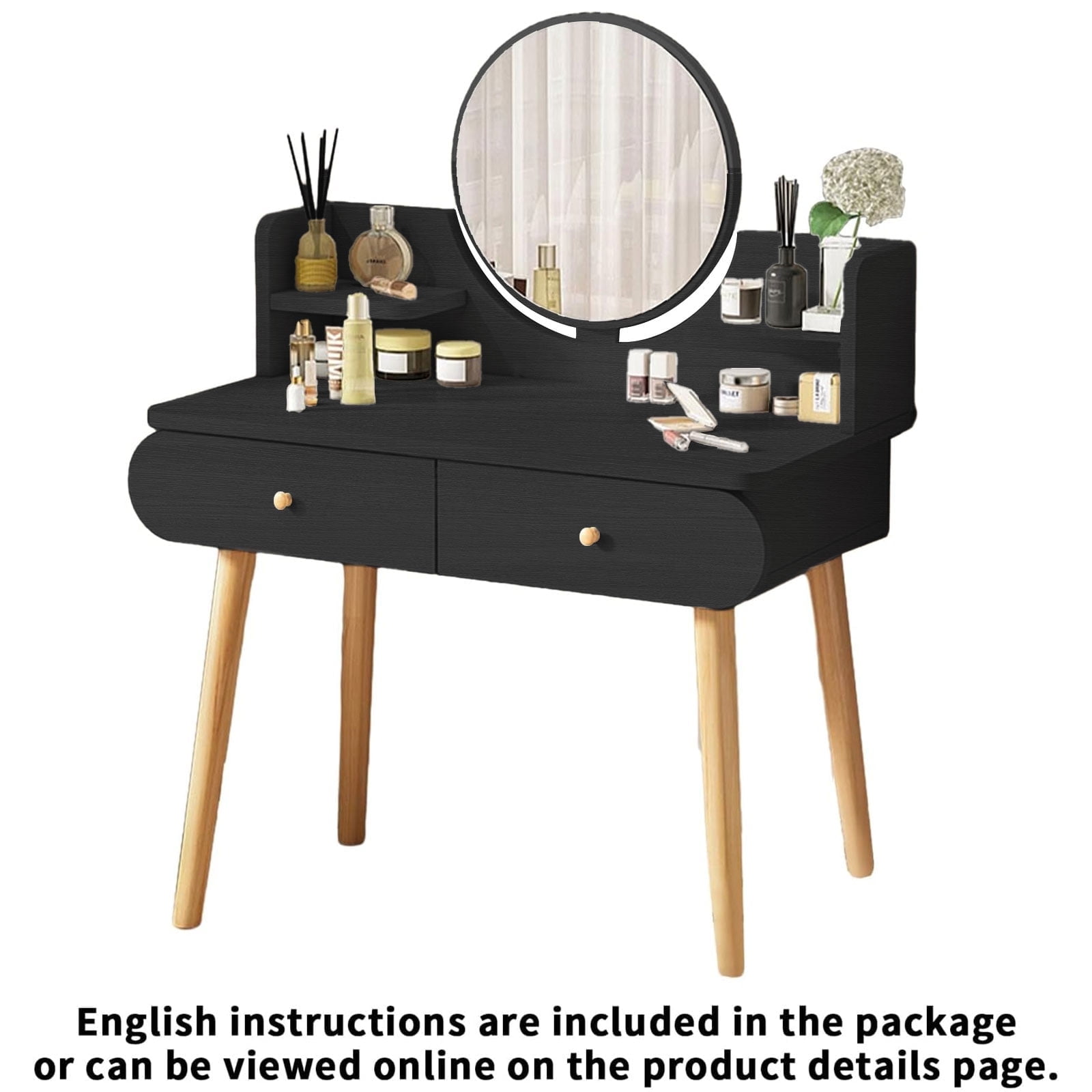Vanity Desk Set with Mirror, Makeup Table with 2 Drawers, Black