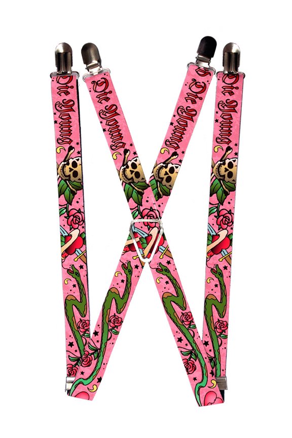 Skull Cross Bones Heart Knife Snake Collage on Pink Suspenders