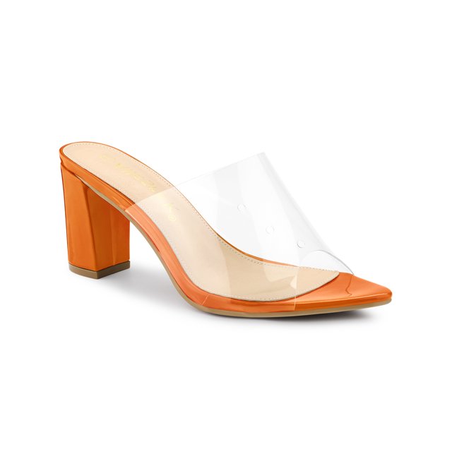 BLISSFUL STEP Women's Clear Point Toe High Block Heel Mules Slides Sandals Orange 6