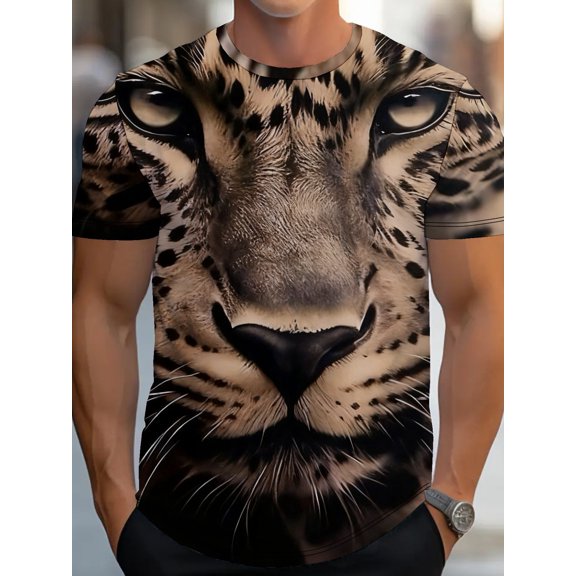 Men's Realistic 3D Leopard Print T-Shirt - Full Body Black and White Spotted Animal Texture, Short Sleeve Crew Neck Casual Summer T-Shirt, H-Fit, Machine Washable 3D Digital Design