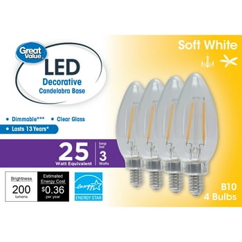 Great Value LED Light Bulb, 3 Watts (25W Equivalent) B10 Deco Lamp E12 Candelabra Base, Dimmable, Soft White, 4-Pack