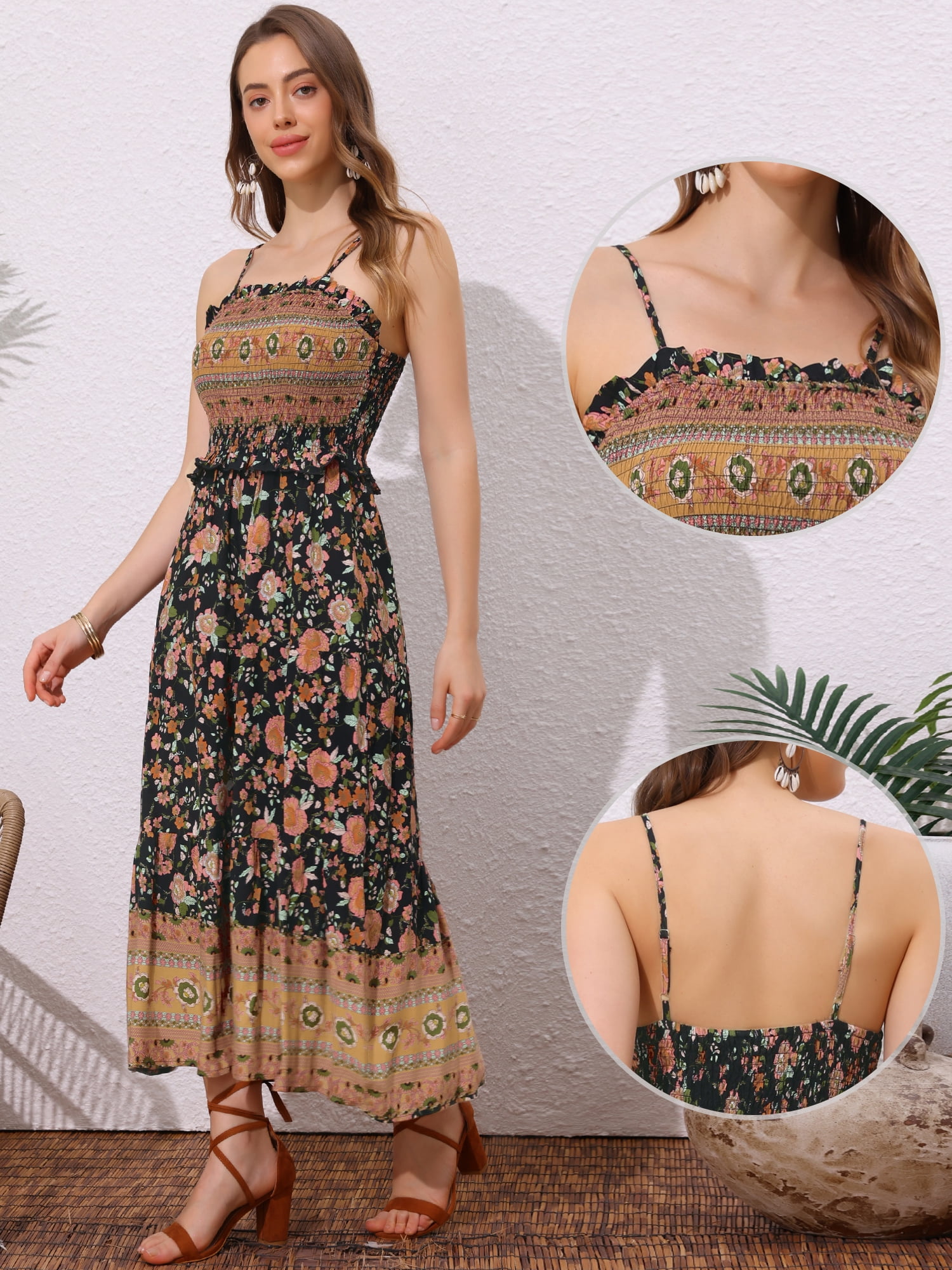 DARING DIVA Spaghetti Strap Smocked Maxi Boho Floral Dress XL Black