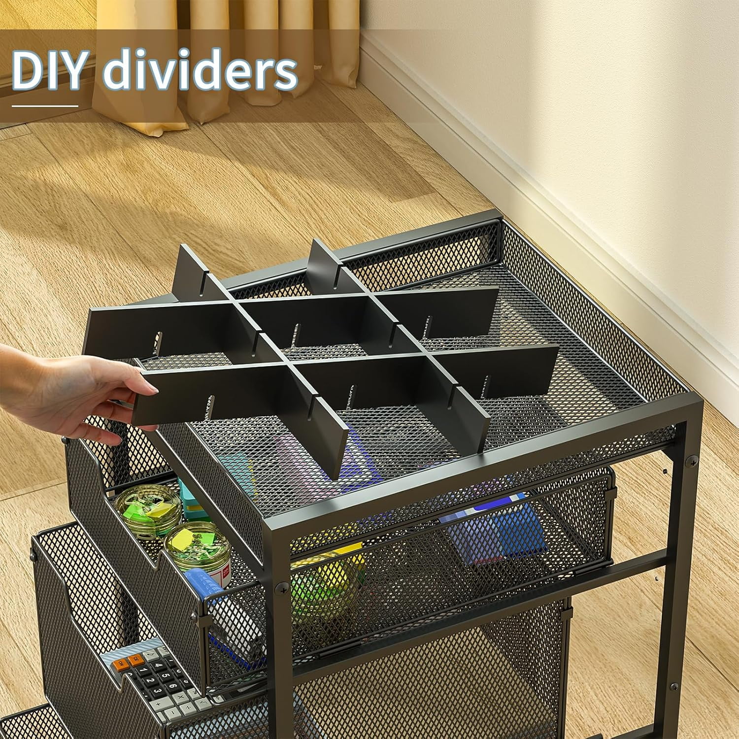 X-COSRACK 3-Drawer Rolling Utility Cart, Heavy-Duty Metal Craft Storage Organizer with DIY Adjustable Dividers & Wheels, Black