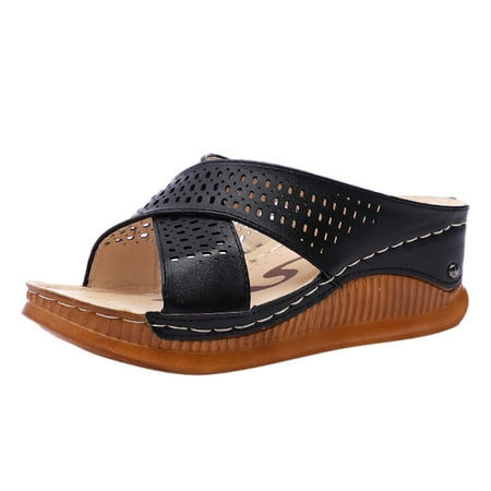 

Wedges Slide Platform Sandals-HSMQHJWE Women s Cork Sandals Platform Wedge Heel Peep Toe PU Sandals Summer Fashion Slippers（Black，5）