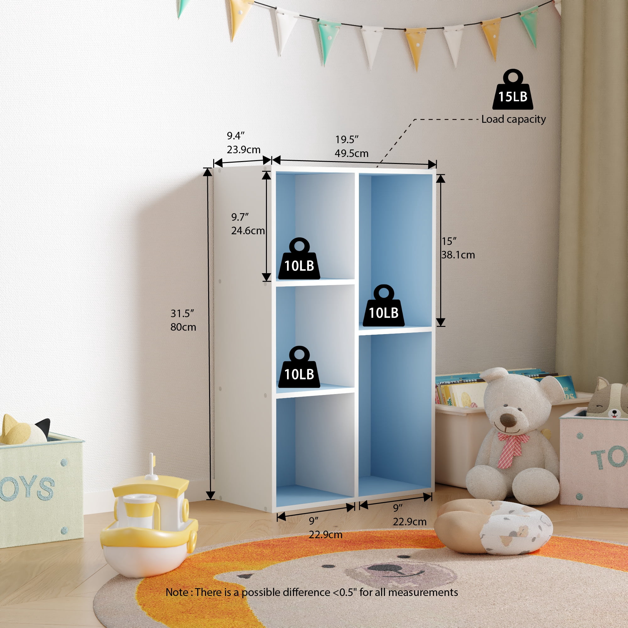 HOMLUX 5-Cube 31.5" Wooden Reversible Open Bookcase for Office, Living Room, White & Light Blue