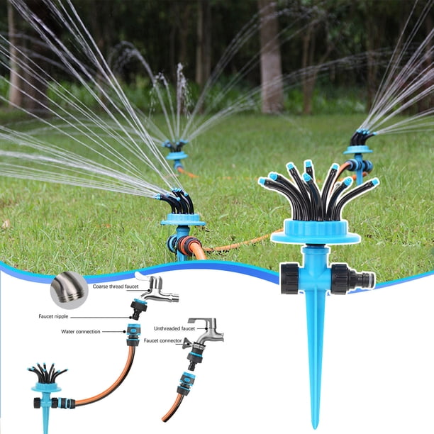 Aspersor de jardín de 12 boquillas con boquillas ajustables, cobertura de 360 grados, amplio alcance, estaca para suelo, sistema de riego exterior para céspedes y jardines.