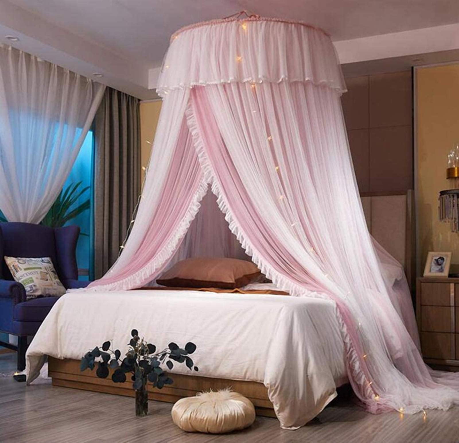 Bed Princess For Curtain Double Layer Sheer Mesh Dome Curtain- Round Lace Mosquito Net Tent Full Queen King Bed(pink/white)