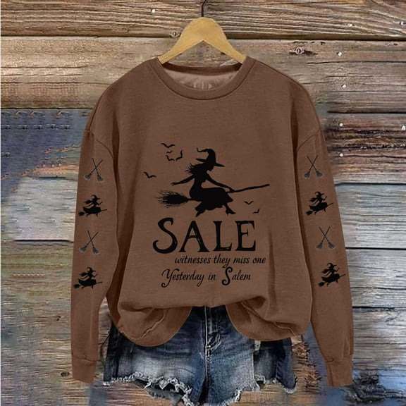 Neewe Women's Halloween Witches Printed Casual Crew Neck Sweatshirt Loose Soft Long Sleeve Pullover Tops