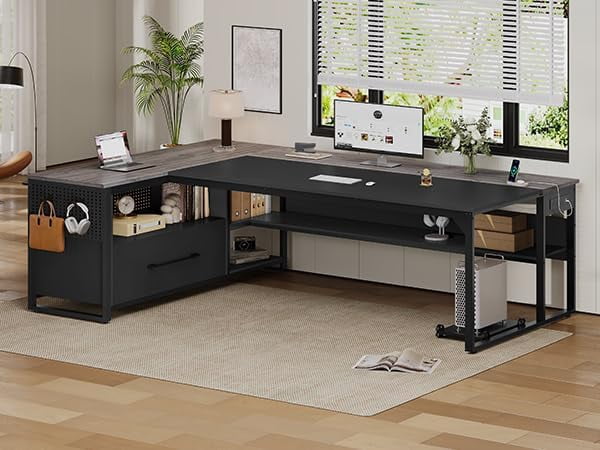 71" L Shaped Executive Desk, Large Office Desk with Widen File Drawers and Power Outlets, Reversible Computer Desk Corner Desk with Storage Shelves, Gray