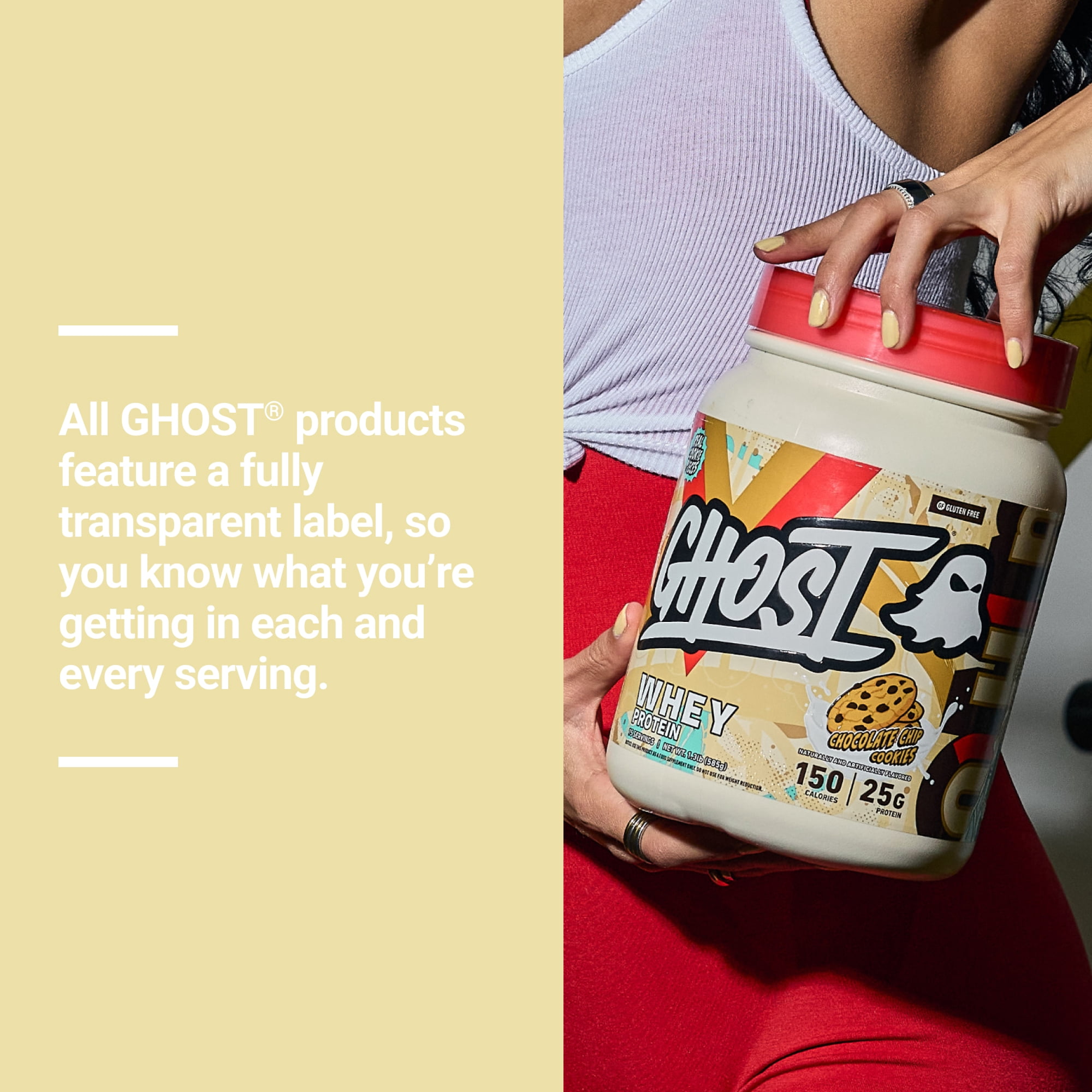 GHOST Whey Protein Powder, 25g Protein, Chocolate Chip Cookie, 1.3lb, 15 Servings
