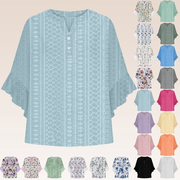 Women Blouses Plus Size Ruffle 3/4 Sleeve V-Neck Solid Color Flowy Lightweight Tops & Blouses for Casual Active Outdoor Gifts for Women BlueS