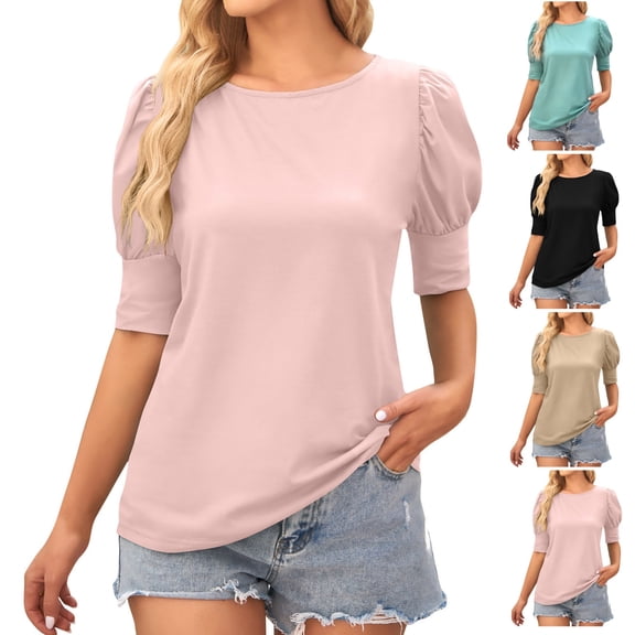 YHAJDS Womens Short Sleeve Tshirts Top for Women Short Sleeve Shirt Short Sleeve Round Neck Solid Color Loose Fit Casual Tee