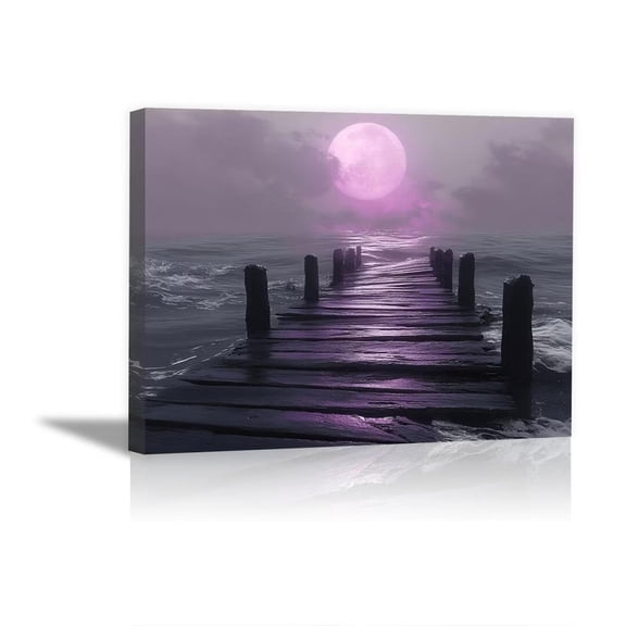 Purple Full Moon Wooden Dock Sea Framed Canvas Prints for Hallway Bedroom Office Decor, Ready to Hang12"L x 8"W