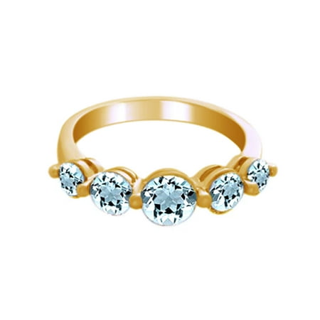 Round Cut Simulated Blue Aquamarine CZ Five Stone Ring in 14K Yellow Gold Over Sterling Silver By Jewel Zone US