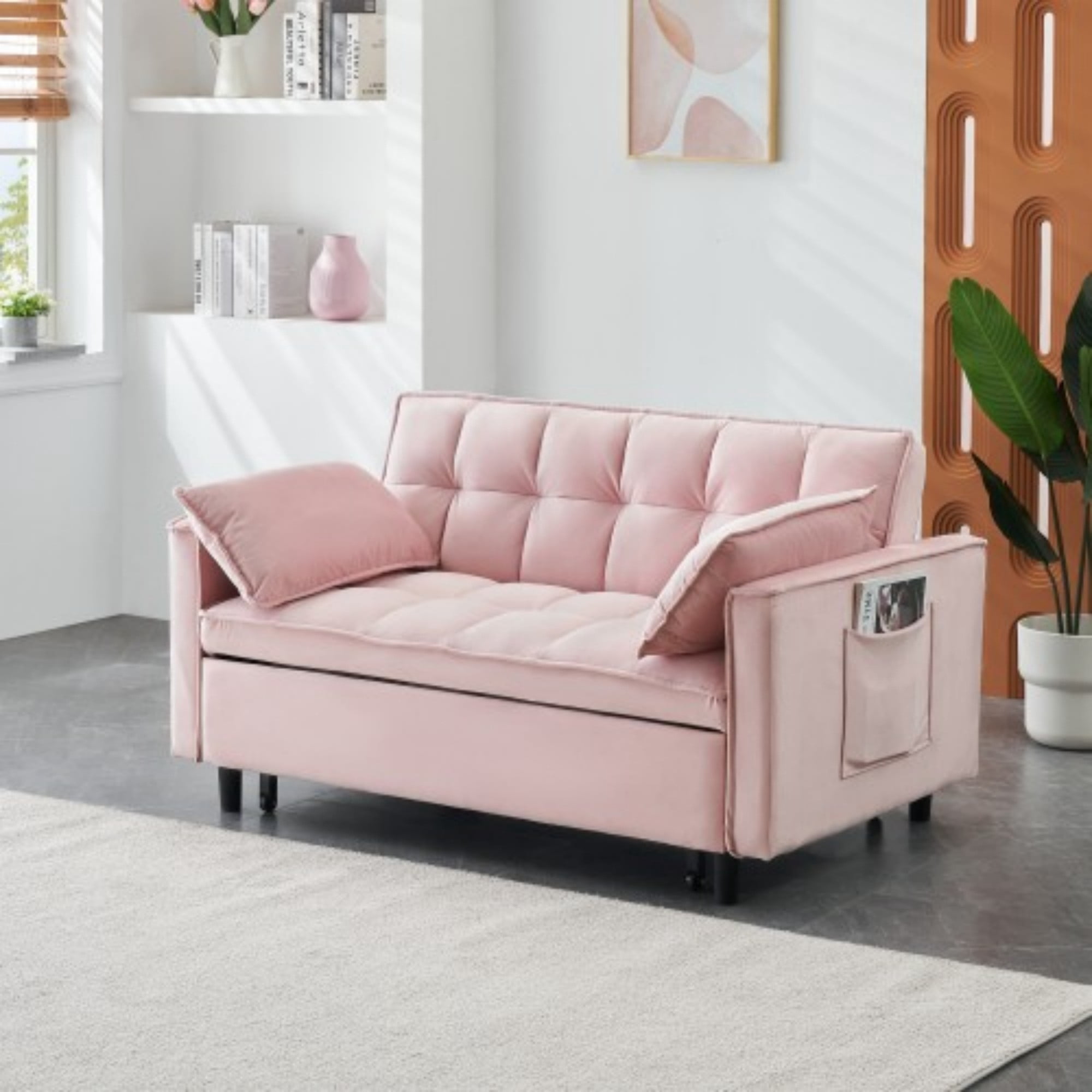 Velvet Loveseat Sofa Bed, 3-in-1 Convertible Sleeper Couch with Pullout Bed & Reclining Backrest, Pink