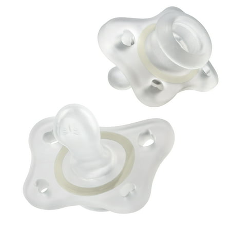 UPC: 0049796732313 | Chicco PhysioForma® 100% Soft Silicone Mini Glow-in-the-Dark One-Piece Pacifier Orthodontic Nipple Supports Breathing BPA & Latex Free Reusable Sterilizing Case 2-6 Months 2pk – Clear