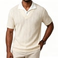 thumbnail image 4 of SAWOBUUN Men's Striped Textured Knit Shirt V Neck Casual Shirt Short Sleeve Contrast Collar Pullover Top Breathable Summer Golf Tee, 4 of 6