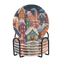 6 Pcs Drink Coasters with Holder 3.94in Woven Coasters for Drinks Cartoon Colorful House Coaster Set for Protection Table