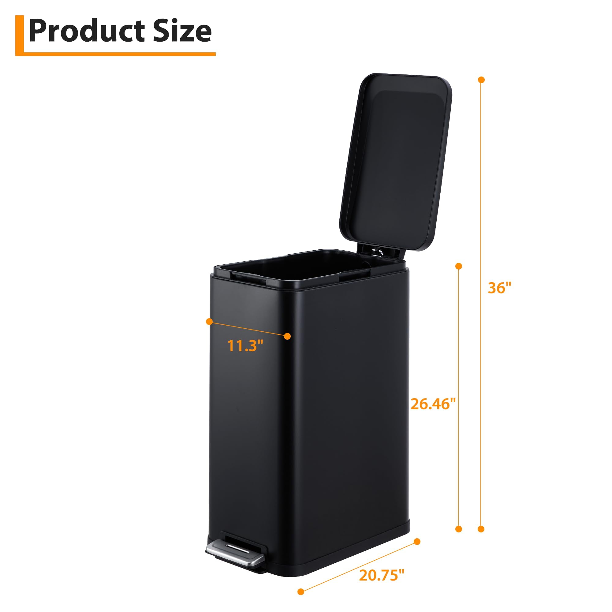 13 Gallon Tall Kitchen Garbage Can, Hands-Free Stainless Steel Trash Can with Lid Soft Close, Step Pedal, Slim Rectangular Fingerprint-Resistant Kitchen Trash Can with Removable Inner Bucket