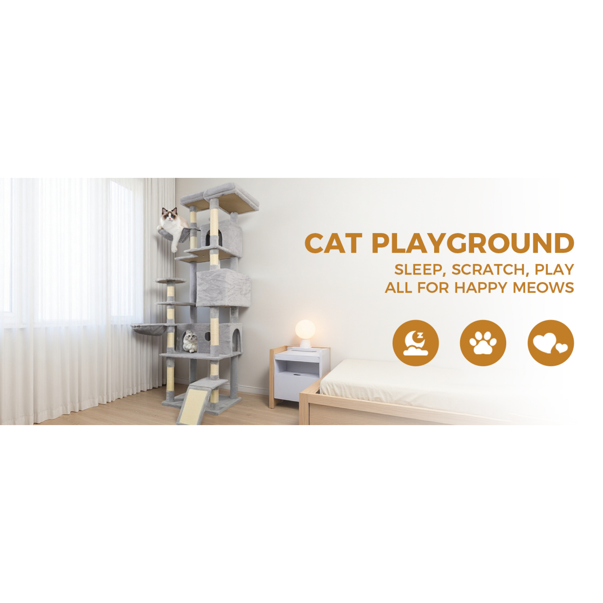Jopath 84.6 in Light Gray Cat Tree Tower with Wide Base, 3 Large Hinding Condo, 11 Sisal Scratching Post,2 Hammocks, Large Top Platform, Many landing Perch and Interactive toy
