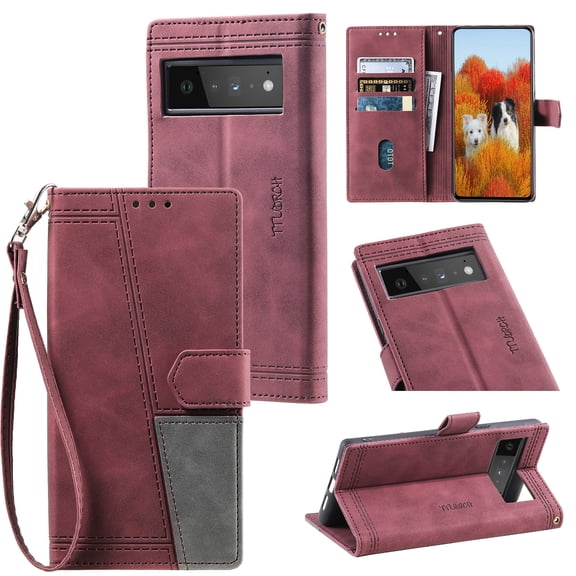 Dteck Magnetic PU Leather Flip Phone Case for Google Pixel 10A, Shockproof Wallet Card Slots Slim Strap Rugged Protective Cover, Winered