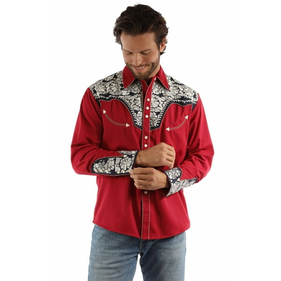 Scully Men's Floral Tooled Red, White, Blue Button Down Shirt P-634-RWB
