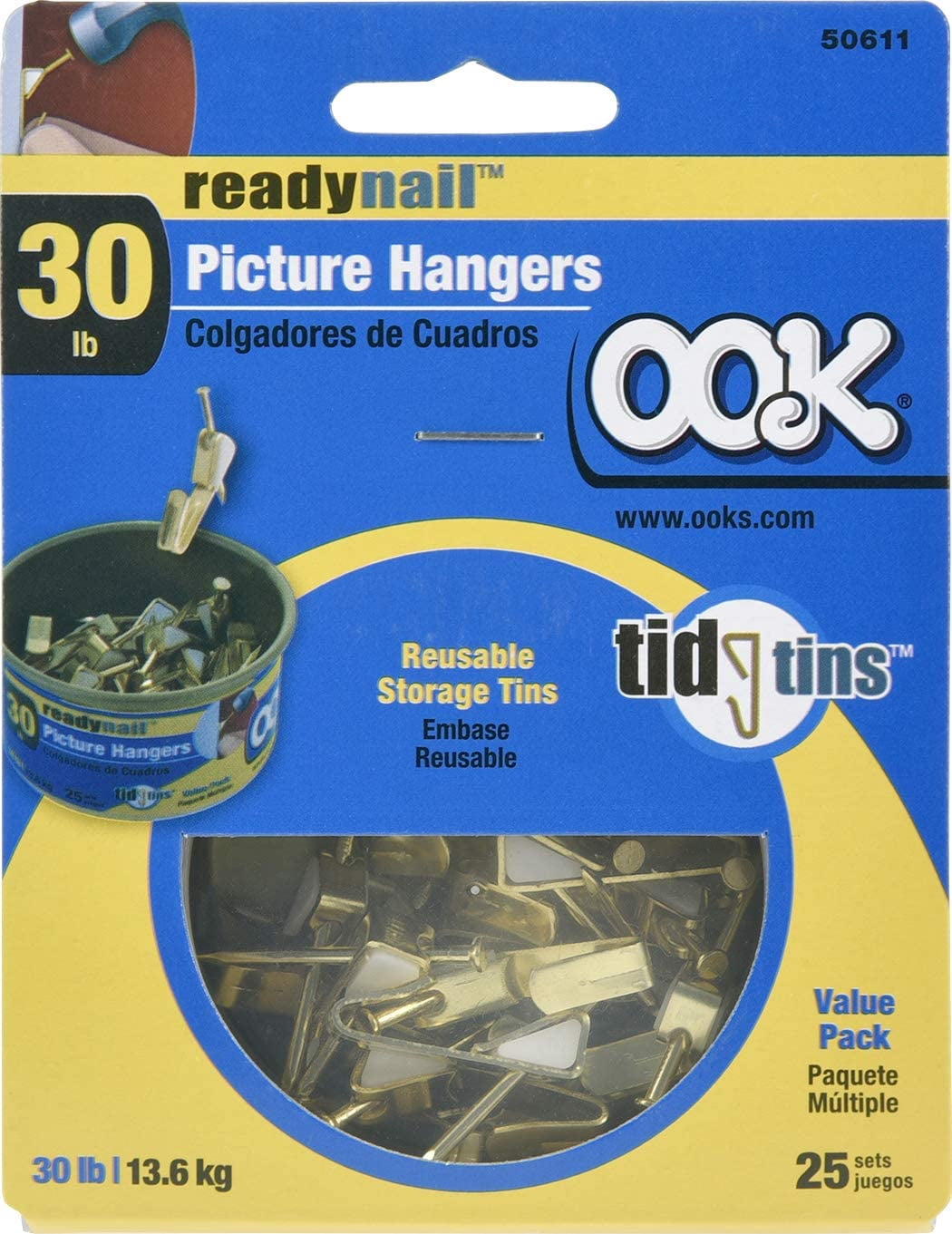 JJEAN-535808 Picture Hangers, Art Hangers, Brass, Reusable Picture Hooks, 30lb (25 Set)